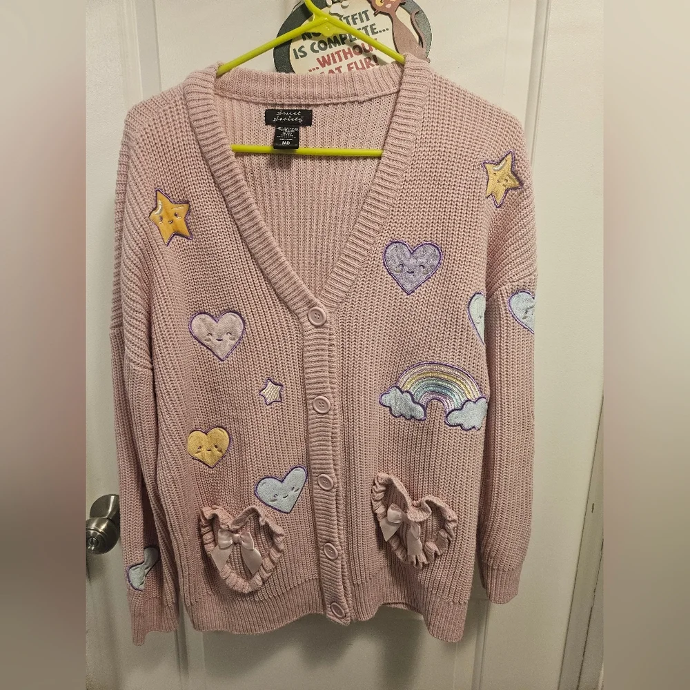 Hot Topic Sweet Society Kawaii Hearts Stars Rainbow Cardigan Sweater M - Picture 1 of 4